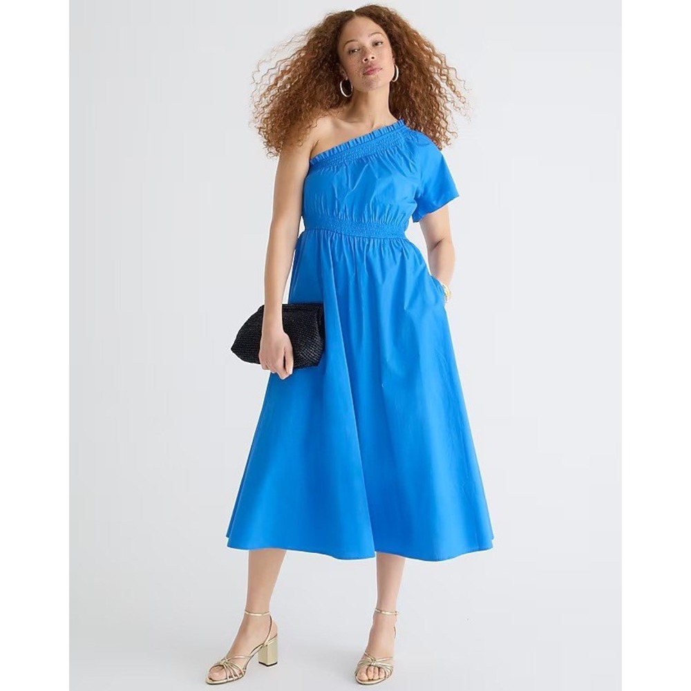 J. Crew One Shoulder Midi Dress Smocked Waist Pockets Blue Size S Wedding Resort